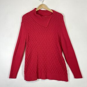 Lands' End Red Basket‎ Weave Fold Over Collar Pullover Sweater Womens XL 18